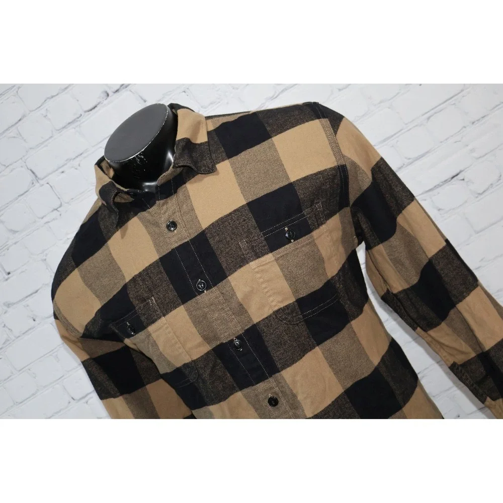 J. Crew Flannel Shirt Men XLT TALL Tan Black Buffalo Plaid Herringbone Classic